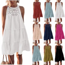 Boho Lace Collar Short Dress, Women&#39;s Sleeveless Dress, Vacation Beach D... - $27.99