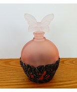 Vtg pink satin art glass perfume decanter w/ pewter overlay &amp; butterfly ... - $15.00