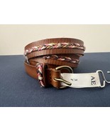 NWT AMERICAN EAGLE AE SM Skinny Brown Leather Belt Pink White Braid Boho... - $20.66