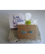 Stud Earrings Holy Fish Silver 925 Light Blue Rhinestones Handcrafted - $15.00