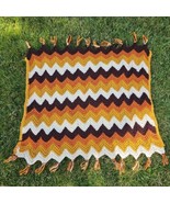 Vintage Crochet Afghan Brown Chevron Blanket 36 x 33 Tassel Fringe Handmade - €16,39 EUR