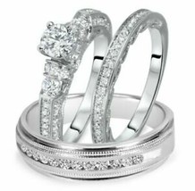 His Her Round Diamond Engagement Ring Wedding Band Trio Set 14k White Gold Over - £111.03 GBP