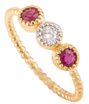 Dainty Diamond Cluster and Ruby Three Stone Everyday Ring in 18k Yellow Gold - £431.57 GBP