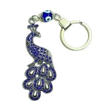 Peacock Keychain Blue Rhinestones Silver Bling Metal Keyring Acrylic Bead Bird - £11.00 GBP