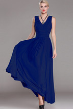 Unomatch Women Fit Sexy V-neck Pleated Waist Halter Long Dress Blue - £27.16 GBP