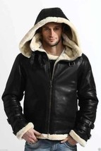 Mens Handmade Genuine Black Leather Stylish Bomber Fur Hoodie Jacket - £149.07 GBP