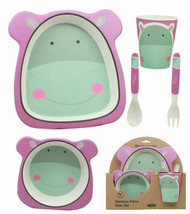 Pink Hippo 5 Piece Organic Bamboo Dinnerware Set For Kids Children Toddler Baby - £20.43 GBP