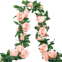 Floral Garland Pink Rose Vines Artificial Flowers, 3Pcs 19.5Ft Silk Fake Flower  - £21.54 GBP