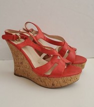 Guess Domino Sz 7½ Platform Cork Wedges Coral Red Faux Leather Sandals Display - £15.63 GBP