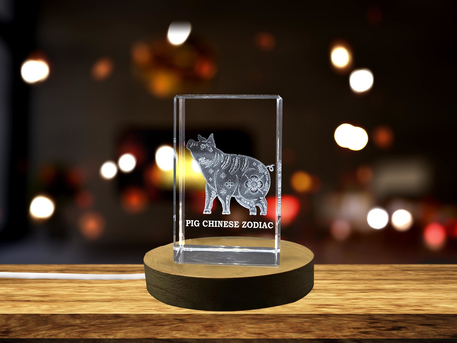 LED Base included | Pig Chinese Zodiac Sign 3D Engraved Crystal Keepsake Gift