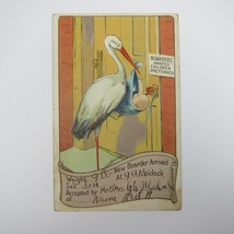 Postcard Birth Announcement Baby Boy Blue Blanket Stork at Boarder Door Antique - £7.96 GBP