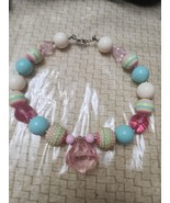 Pink White &amp; Teal Chunky Beaded Party Necklace Bubble Gum With Charm - €11,85 EUR
