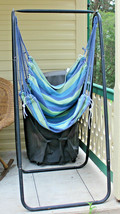 Blue Green Striped Hammock Chair On Stand Air Swing Seat Rope + 2 Matching Cushi - £20.08 GBP