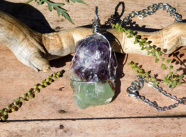 Natural Purple Green Fluorite Pendant Necklace Natural Crystal Energy Healing - £22.35 GBP
