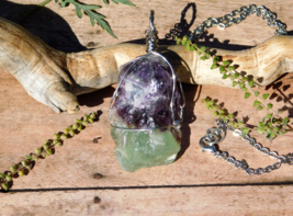 Natural Purple Green Fluorite Pendant Necklace Natural Crystal Energy Healing - £21.92 GBP