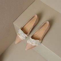 Women Sheep Suede Flats Designer Pearl Bead Silk Ribbon Point Toe Flat Shoes Fem - £93.03 GBP