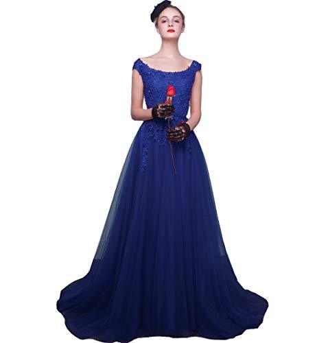 Kivary Cap Sleeves Beaded Lace Appliques Long Prom Dress Evening Gown Royal Blue
