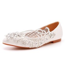 Ladies fashion rhinestone white lace bride wedding shoes women dress sweet ballet flats thumb200