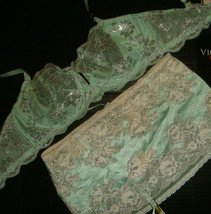 Victoria&#39;s Secret unlined 34C,34D,34DD BRA SET M garter MINT green lace Silver - £54.91 GBP
