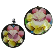 Vintage Set Ginbari Cloisonné Enamel Orchid Flower Round Pendant and Brooch - £37.09 GBP