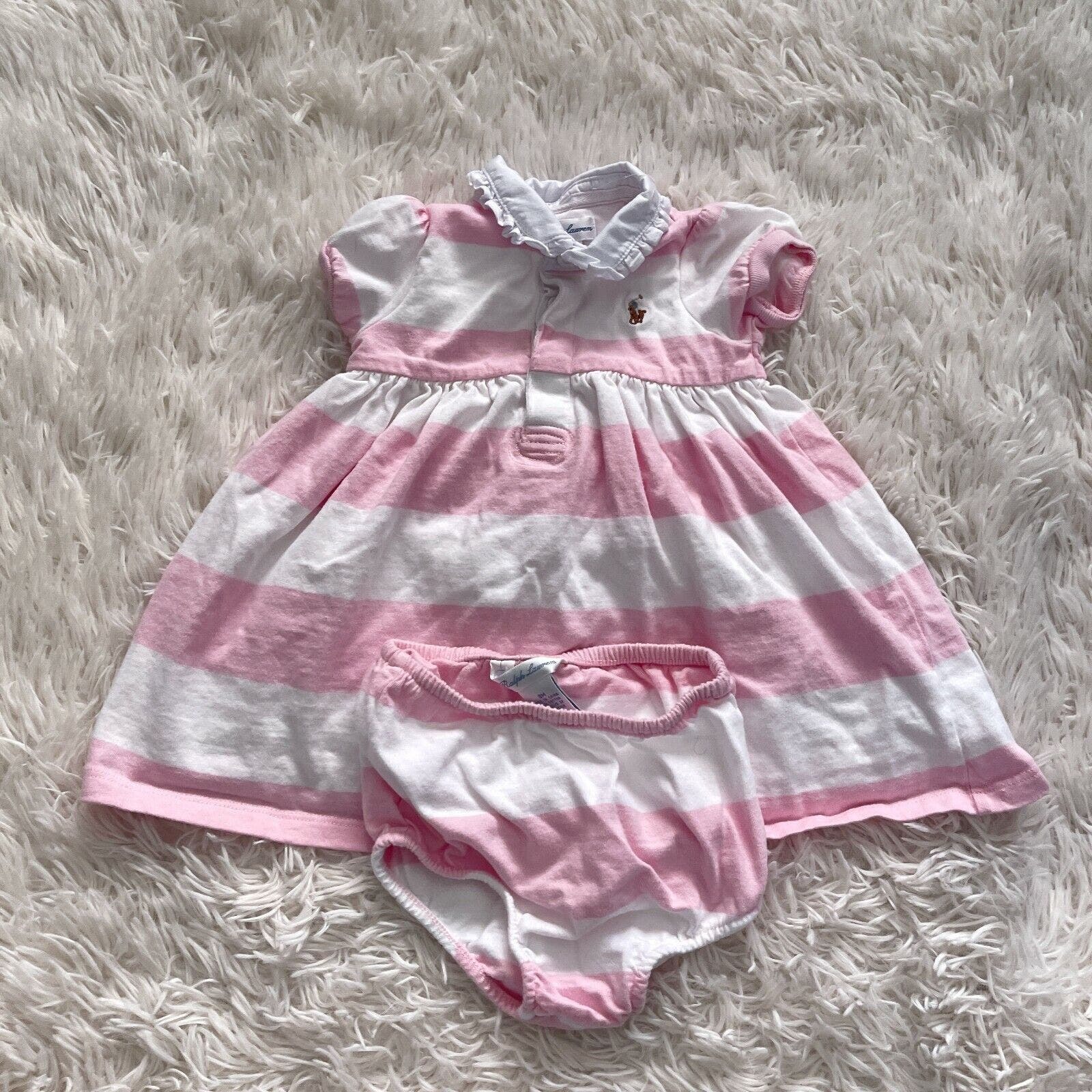 Ralph Lauren Striped Rugby Polo Dress & Shorts Set Pink White Baby Girl 9 Month - $34.64