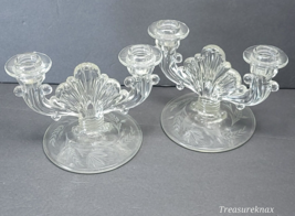 2 Iris Fan Depression Clear Glass Candleholders ~ Etched Leaf design on Base - £23.73 GBP