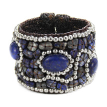 Boho Tribal Cotton Rope Reconstructed Blue Lapis Stone Brass Wire Cuff Bracelet - £16.06 GBP