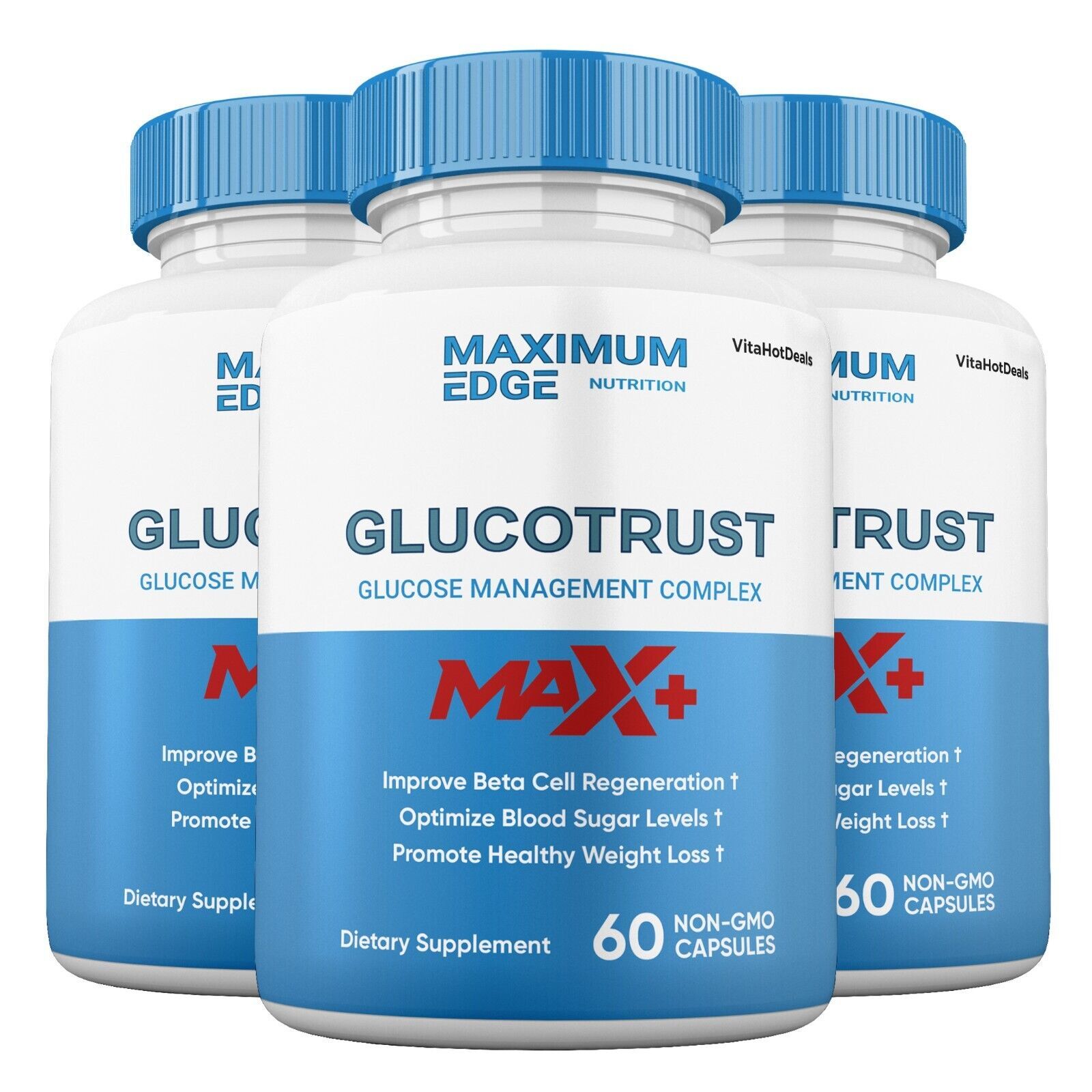 3 Pack Glucotrust Capsules Max + Glucotrust Max+ Maximum Edge Supplement