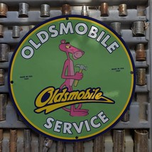 Vintage 1969 Oldsmobile Service &#39;&#39;Pink Panther&#39;&#39; Porcelain Gas &amp; Oil Sign - £98.45 GBP