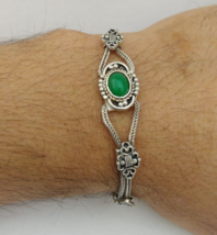 Byzantine Bracelet Sterling Silver 925 Green Stone Art Deco Style Vintag... - £58.25 GBP