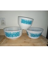 3 Vintage  Federal Glass Retro Blue Flower Floral Tulip Milk Glass - €34,58 EUR