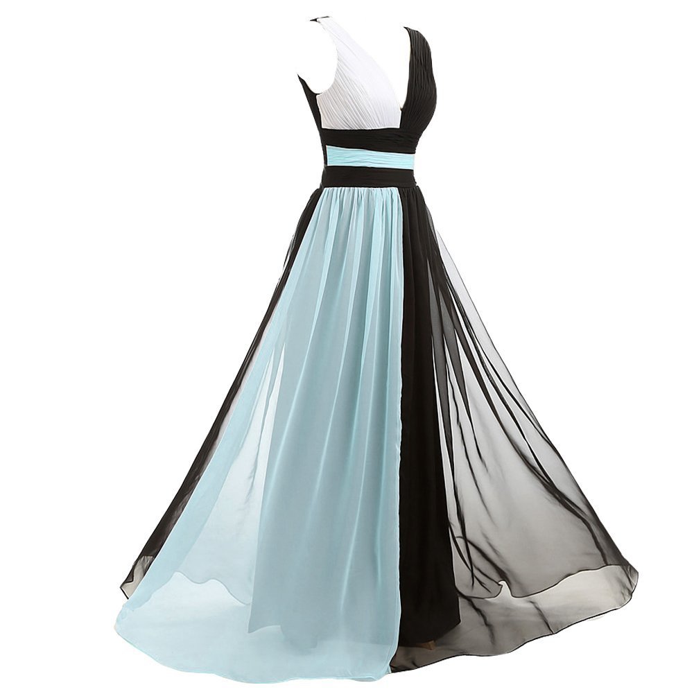 Kivary V Neck Long Black and White Chiffon Pleats Simple Prom Evening Dresses Aq