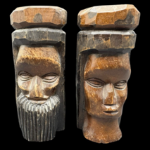 Hand Carved Tiki Head Figure Statue Wood Jamaica Man &amp; Woman King Queen ... - $969.27 MXN