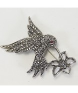 Avon Hummingbird Marcasite Brooch Pin Rhinestone Pink Eye Flower 2-1/2&quot; ... - $10.77
