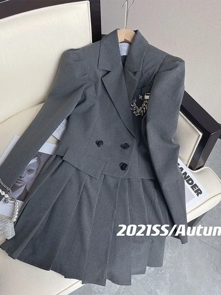 Female Jacket Dress Women&#39;s Blazers Dresses Girls Blazer Grey Notched Dress Long - £270.02 GBP