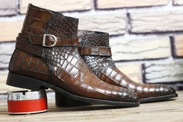 Handmade Leather Men Brown Crocodile Texture Jodhpur Boot, Men Stylish Western  - £120.88 GBP