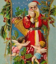 Santa Claus Father Christmas Postcard Cherub Angels Trumpet Gold Basket ... - £16.11 GBP