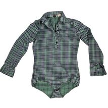 Vtg 70s Jump Shirt Blue/Green Plaid Bodysuit Snap Gusset  Button Necklin... - $39.95