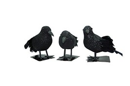 Black Glittered Small Halloween Crows- 3 Pc Black Birds with Real Feathe... - £9.40 GBP