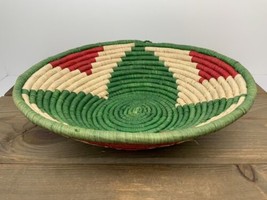 Vintage Hand Woven Indian 12” Coiled Basket Colorful Spiral Green Red Natural - $29.36