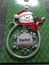 Christmas Snowman Rare Personalize &quot;Rachel&quot; Collectable Silver Ornament Ganz New - £12.02 GBP
