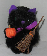 Russ Berrie Halloween ITTY BITTY CAT black kitten 6 1/2&quot; Witch hat broom... - $28.70 CAD