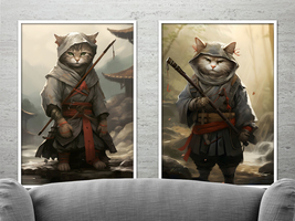 Samurai Cat illustration, set of 6 Wall Art Printable Artworks. - £5.50 GBP
