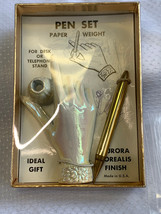 Vtg Pen Set Paper Weight Aurora Borealis Finish Hand Holding Goldtone Pe... - $29.95
