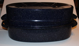 Vintage LARGE Enamelware Blue &amp; White Double Handled Roasting Pan 18 1/2” x 13&quot; - £7.99 GBP