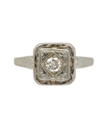 14k White Gold Art Deco Genuine Natural Diamond RIng Hand Engraved 5 (#J... - $750.65 CAD