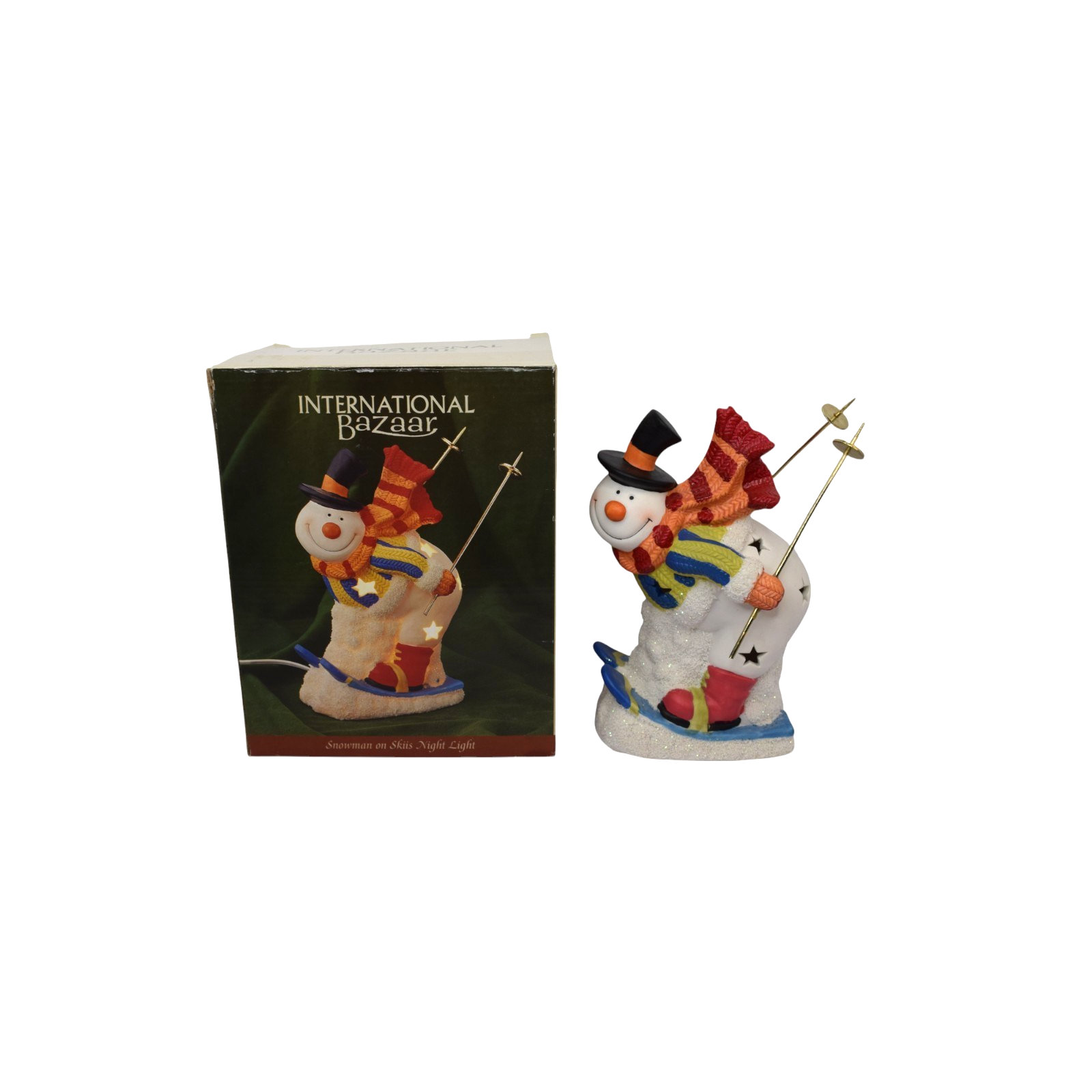 International Bazaar Snowman on Skies Night Light Ceramic Lamp No Bulb o... - $14.84