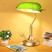 Bankers Lamp With 2 Usb Ports, Touch Control Green Glass Desk Lamp With Brass Ba - £73.77 GBP