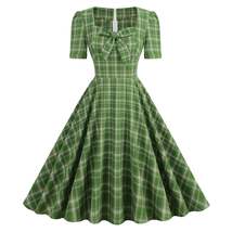 England Style Casual Vintage Short Sleeve Square Neck Bow 50s Pinup Swing Dress - £53.45 GBP