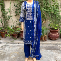 Pakistani Royal Blue Printed Straight Shirt 3-PCS Lawn Suit w/ Threadwork ,XL #2 - £40.70 GBP